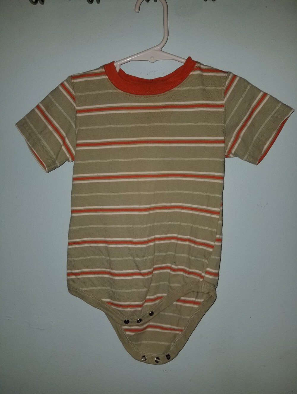 Khaki Tan & Orange Striped Baby One Piece Onesie Short Sleeve Bodysuit Snaps 24